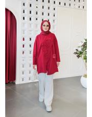 flower ithal iki ip nakışlı tunik bordo 2