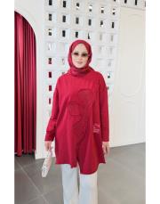 flower ithal iki ip nakışlı tunik bordo 3