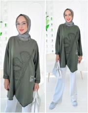 flower ithal iki ip nakışlı tunik haki