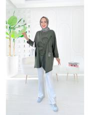 flower ithal iki ip nakışlı tunik haki 2