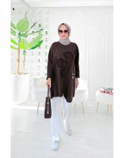 flower ithal iki ip nakışlı tunik kahve