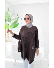 flower ithal iki ip nakışlı tunik kahve 2