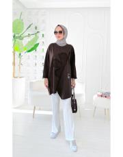 flower ithal iki ip nakışlı tunik kahve 3