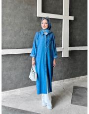 bonita ithal kadife file detaylı gömlek elbise mavi