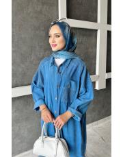 bonita ithal kadife file detaylı gömlek elbise mavi 2