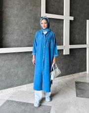 bonita ithal kadife file detaylı gömlek elbise mavi 3