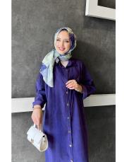 bonita ithal kadife file detaylı gömlek elbise mor 2