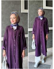 bonita ithal kadife file detaylı gömlek elbise mürdüm