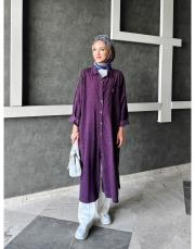 bonita ithal kadife file detaylı gömlek elbise mürdüm 2