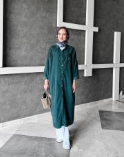 bonita ithal kadife file detaylı gömlek elbise petrol 2