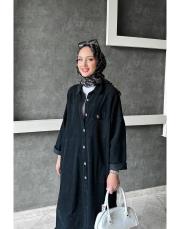 bonita ithal kadife file detaylı gömlek elbise siyah 2