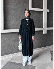 bonita ithal kadife file detaylı gömlek elbise siyah 3