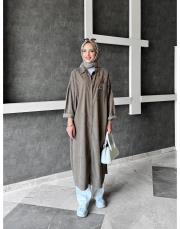 bonita ithal kadife file detaylı gömlek elbise vizon 2