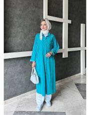 bonita ithal kadife file detaylı gömlek elbise cam göbeği