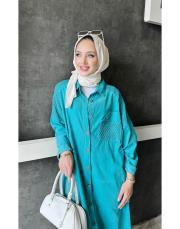 bonita ithal kadife file detaylı gömlek elbise cam göbeği 2