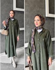 bonita ithal kadife file detaylı gömlek elbise haki