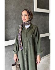 bonita ithal kadife file detaylı gömlek elbise haki 2