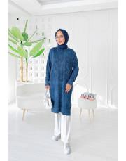 loras pamuk yıkamalı kendinden desenli triko tunik lacivert