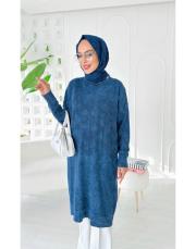 loras pamuk yıkamalı kendinden desenli triko tunik lacivert 2