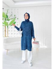 loras pamuk yıkamalı kendinden desenli triko tunik lacivert 3