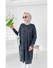 loras pamuk yıkamalı kendinden desenli triko tunik siyah