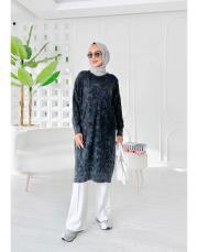 loras pamuk yıkamalı kendinden desenli triko tunik siyah 3