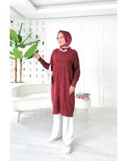 loras pamuk yıkamalı kendinden desenli triko tunik bordo