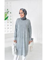 loras pamuk yıkamalı kendinden desenli triko tunik gri