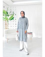 loras pamuk yıkamalı kendinden desenli triko tunik gri 2