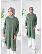 loras pamuk yıkamalı kendinden desenli triko tunik haki