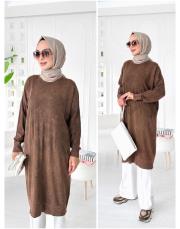 loras pamuk yıkamalı kendinden desenli triko tunik kahve