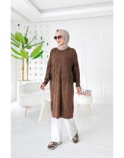 loras pamuk yıkamalı kendinden desenli triko tunik kahve 2