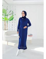 sera merserize triko fırfırlı taşlı elbise lacivert