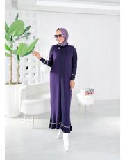 sera merserize triko fırfırlı taşlı elbise mor