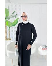 sera merserize triko fırfırlı taşlı elbise siyah