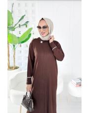 sera merserize triko fırfırlı taşlı elbise kahve 2