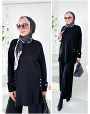 deren yırtaç detaylı triko takım siyah