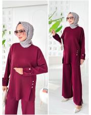 deren yırtaç detaylı triko takım bordo