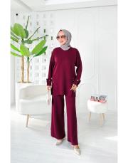 deren yırtaç detaylı triko takım bordo 2