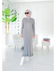 diamod merserize taşlı triko elbise gri