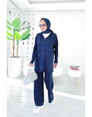 berina kapşonlu taşlı triko takım lacivert