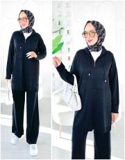 berina kapşonlu taşlı triko takım siyah