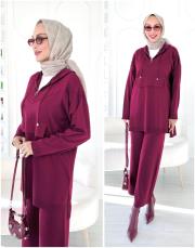 berina kapşonlu taşlı triko takım bordo