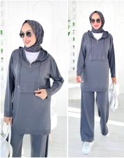 berina kapşonlu taşlı triko takım antrasit