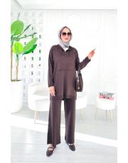 berina kapşonlu taşlı triko takım kahve