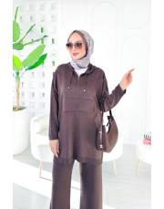 berina kapşonlu taşlı triko takım kahve 2