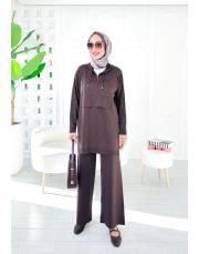 berina kapşonlu taşlı triko takım kahve 3