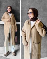 stars kapşonlu triko hırka latte