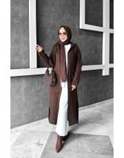 stars kapşonlu triko hırka kahve