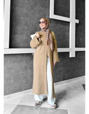 word yırtmçlı triko elbise latte